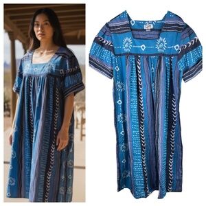 Vtg Saybury House Midi Dress Muumuu Sz 1X 16 18 Blue Southwestern Trad Wife